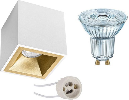 Osram Voordeelset - Opbouwspot Set - Parathom PAR16 930 36D - Pragmi Cliron Pro - GU10 Fitting - Dimbaar - Opbouw Vierkant - Mat Wit/Goud - 5.5W - Warm Wit 3000K - Verdiept - 90mm