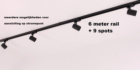 Searchlight railverlichting - complete set 6 meter + 9 spots - Zwart - GU10