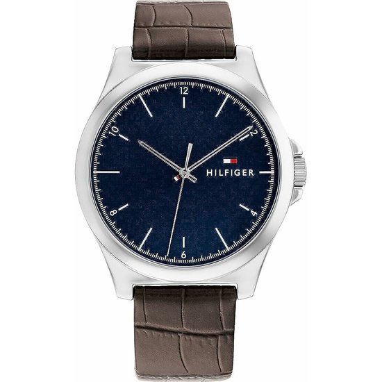 Tommy Hilfiger Heren Horloge 1710549 - Polshorloge - Analoog - Quartz - Stalen Kast (40 mm) - Blauwe Wijzerplaat - Bruine Band - Zilverkleurig