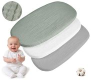 Medi Partners Hoeslaken van mousseline voor kinderwagen 86x40cm 3-delige set bedlaken voor wieg - 100% katoenen mousseline hoeslaken voor co-sleeper babybedje(Olijfgroen-Wit-Grijs)