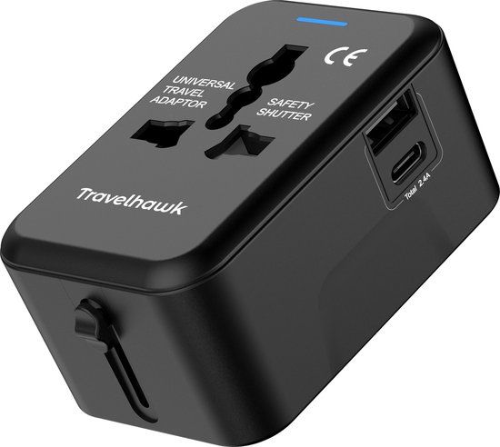 TravelHawk Universele Wereldstekker met USB-C en USB Poort - Zwart