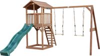 AXI Beach Tower Speeltoestel in Bruin - Speeltoren met Dubbele Schommel, Groene Glijbaan en Zandbak - FSC hout - Speelhuis op palen voor de tuin