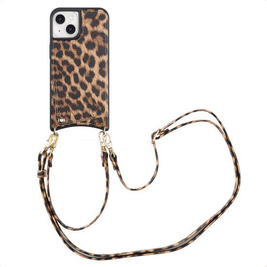 Selencia Hoesje - Geschikt voor Apple iPhone 14 / 13 - Backcover met koord en pashouder - Leopard