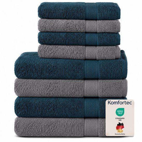 Komfortec Handdoekenset – Set van 8 - 4x Handdoek 50x100 cm en 4x Badhanddoek 70x140 cm - 100% Katoen - Antraciet&Petroleumblauw