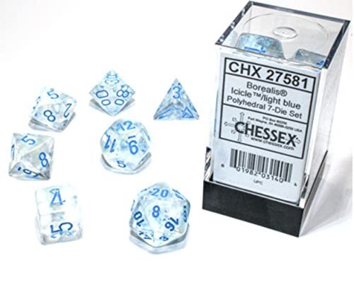 Chessex Dice Set - 10mm Borealis Lichtblauw Luminary Polyhedral Dobbelstenen Set - Dungeons en Draken D&D DND TTRPG Dobbelstenen - Inclusief 7 dobbelstenen - D4 D6 D8 D10 D12 D20 D%