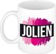 Bellatio Decorations Shoppartners Bv Jolien naam cadeau koffie mok - beker - met roze verfstrepen - Cadeau collega - moederdag - verjaardag - juf - coach - 300 ml - wit