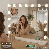 OMNIEXA Hollywood Miroir 58×46cm – 15 Lampes LED – 3 Couleurs de Lumière – Dimmable – Grossissement 10x – USB-C – Miroir de Maquillage – Miroir de Visagiste – Vanity – Blanc