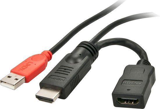 LINDY 41080 HDMI-kabel HDMI Stroomkabel HDMI-A-stekker, USB-A stekker, HDMI-A-bus 0.15 m Zwart