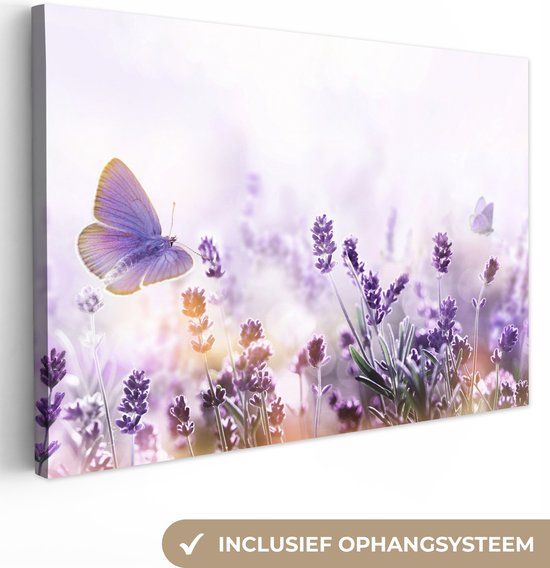 OneMillionCanvasses Canvas schilderij 180x120 cm - Lavendel - Vlinder - Paars - Bloemen - Rechthoekig
