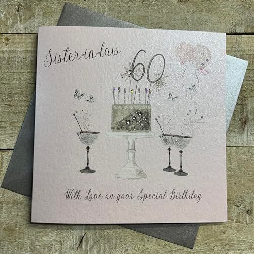 Happy 60th Birthday Card Sister Champagne Glasses Pink Roses White Cotton Cards SS42-SIL60