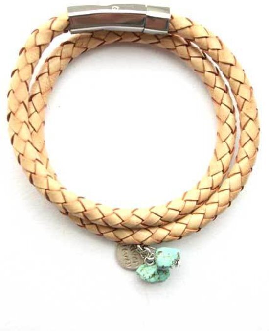 Heaven Eleven - dames armband - Stoere naturel kleurige wikkelarmband met turquoise