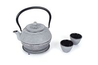 Echtwerk Gietijzeren theeservies 1,1 liter met afneembare zeef, theepot met onderzetter en 2 theekopjes, vintage theepot voor het bereiden van losse thee, grijs