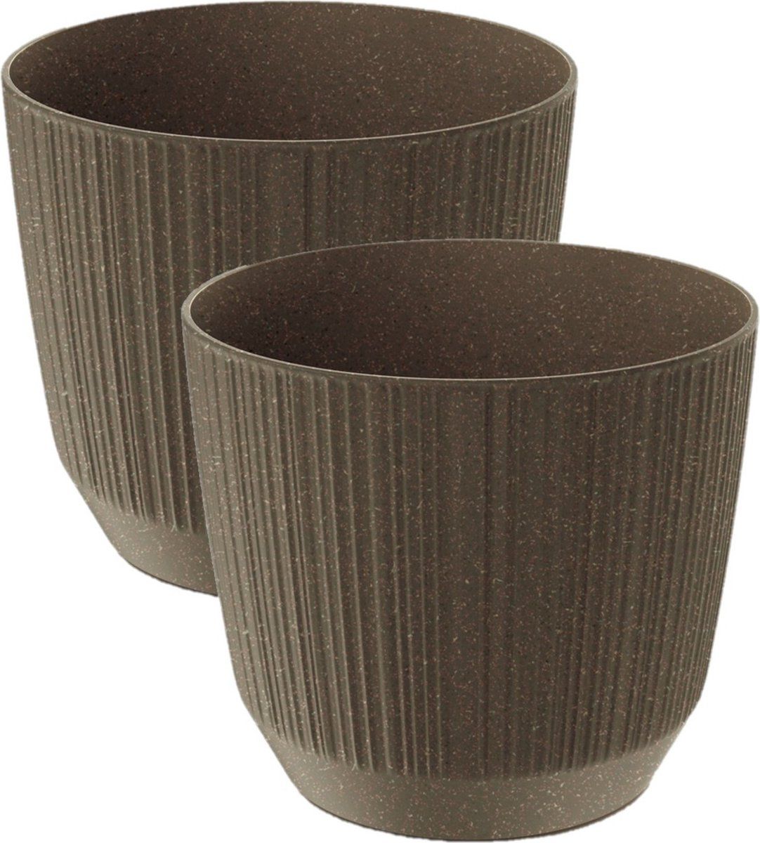 Prosperplast 2x stuks moderne carf-stripe plantenpot/bloempot kunststof dia 13 cm/hoogte 11 cm eco/aarde bruin voor binnen/buiten