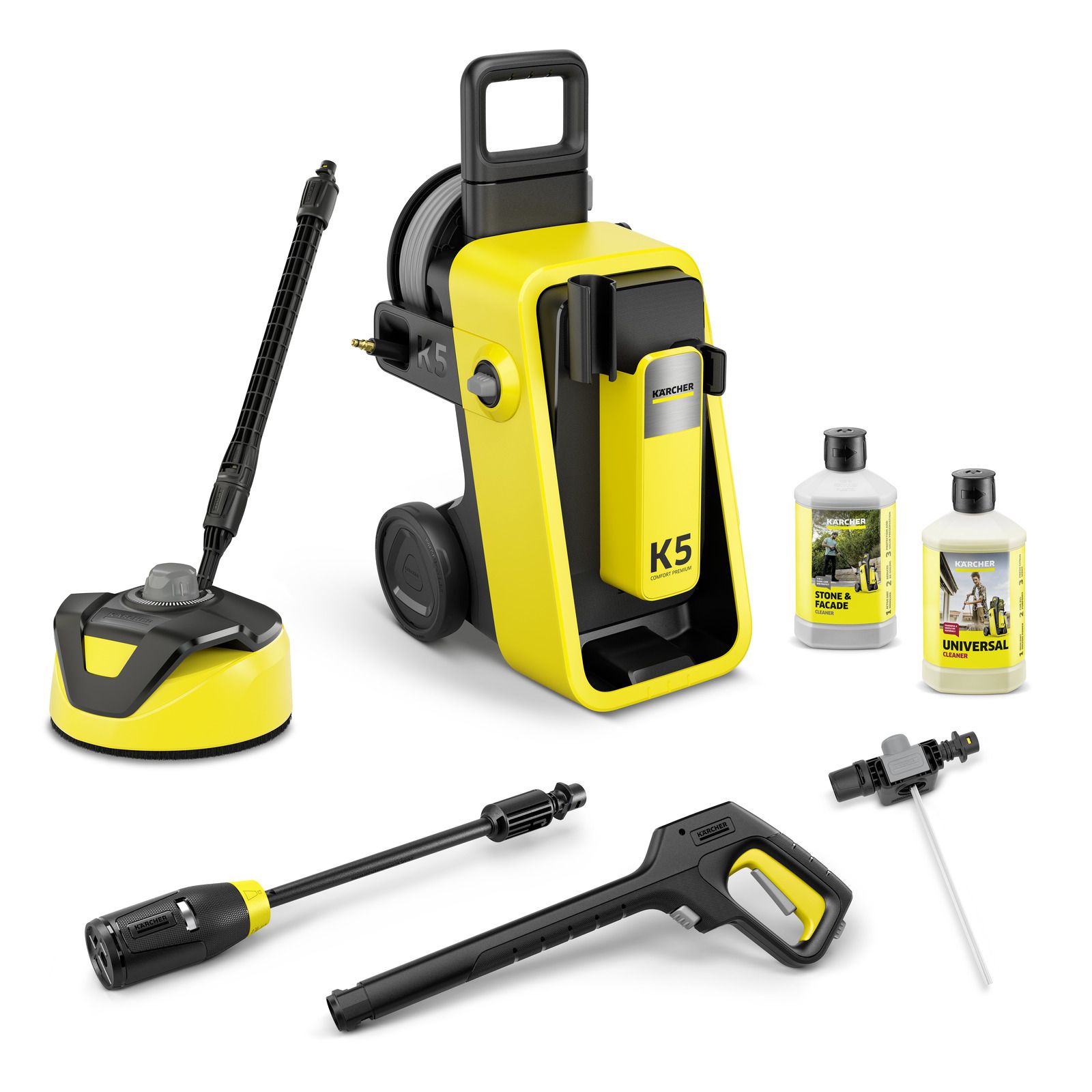 Kärcher K 5 Comfort Premium Home hogedrukreiniger - Inclusief T-racer T 5 oppervlaktereiniger - 145 bar - 500 l/u - 40 m²/u - Watergekoeld - Inclusief slanghaspel - 4-in1 Spuitlans - Voor zwaardere vervuiling op o.a. auto's, terrassen en paden