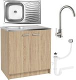 STAMAR Keukenonderkast 80 cm met RVS spoelbak, hoge kraan en sifon - Sonoma eiken - Olijfgroen