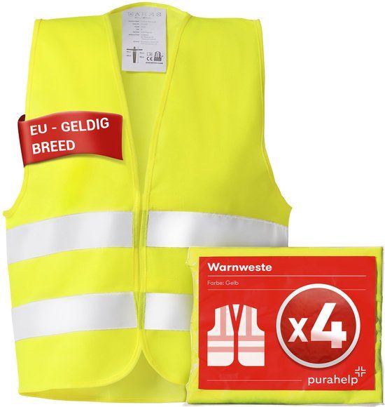 PURAHELP Hoge fluo hesje volwassenen set van 4 - Geel