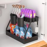 Merkloos 2 etages onder wastafel, spoelkastorganizer, keukenorganizer met 4 haken en 2 hangbekers, keukenrek, kast, keukenhulp met schuiflade (B)