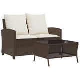 vidaXL Tuinbank 2-zits met kussens en tafel poly rattan bruin