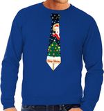 Bellatio Decorations Foute kersttrui - sweater - met stropdas in kerst print - blauw - voor heren M
