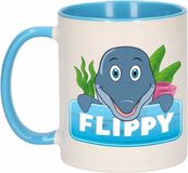 Bellatio Decorations Flippy mok - blauw/wit - keramiek - 300 ml - kinder beker dolfijn