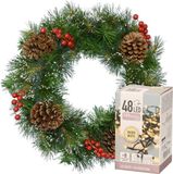 Decoris Kerstkrans 50 cm - sneeuw - verlichting warm wit - 48 lampjes - 4 meter snoer