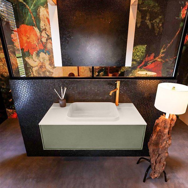 Mondiaz ERIN 100cm badmeubelset onderkast kleur Army met 1 lade Wastafel RIDGE midden 1 kraangat kleur Linen ERIN12520