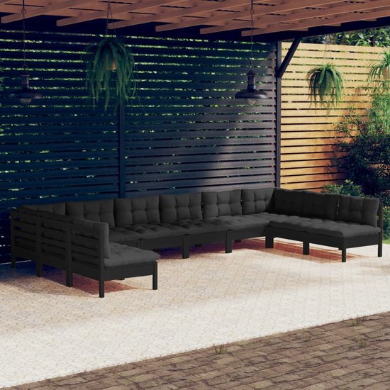 vidaXL 10-delige Loungeset met kussens massief grenenhout zwart