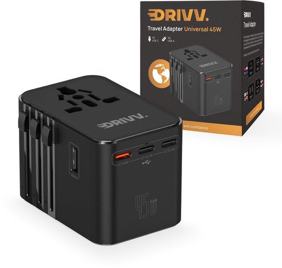 Drivv Wereldstekker Universeel - 45W Snellader - Reisstekker Amerika / Engeland / Japan / Thailand - 2x USB & 3x USB-C - Type A, B, C, E, F, G, I, J, L, N - 180+ Landen - Reisadapter Zwart