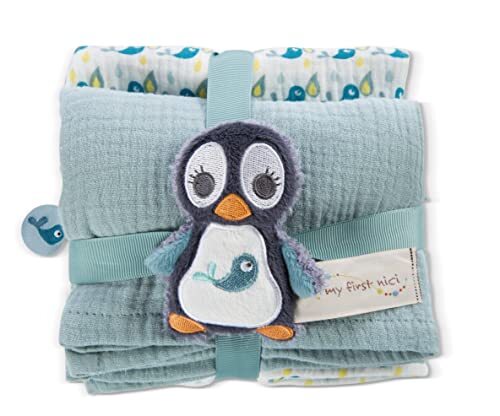 NICI 48048 Set Pinguïn Watschili 2 x doek 21 x 21 cm en 1 x grijpling 9 cm, BLAUW