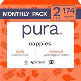Pura Eco Babyluiers - maat 2 (3-6 kg/6-13 lbs), 6 x 29 luiers (totaal 174), maandpakket, ultrazachte luiers voor de gevoelige huid, biologisch katoen, nattigheidsindicator, navelstreng uitsparing