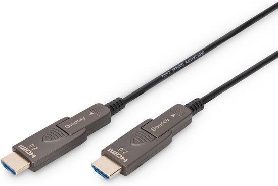 DIGITUS Glasvezel HDMI-kabel – 30 m – UHD 4K 60 Hz 1080p 120 Hz – HDMI 2.0 – Afneembare stekkers – 18 Gbps – ARC, HDR, HDCP 2.2, CEC – AOC Hybride Kabel – Vergulde Contacten – Zwart