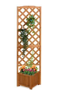 Merkloos Relaxdays plantenbak met klimrek, HBD: 180x55x51 cm, bloembak met trellis, balkon en tuin, dennenhout, lichtbruin