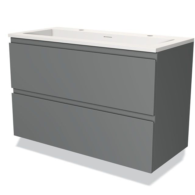 Maxaro Badkamermeubel 100cm Modulo Middengrijs 2 Lades Greeploos Wastafel Solid Surface
