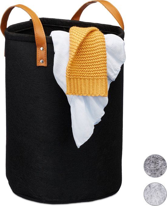Merkloos Relaxdays wasmand vilt - opvouwbaar - mand voor wasgoed - opbergmand - draagbaar - rond - zwart