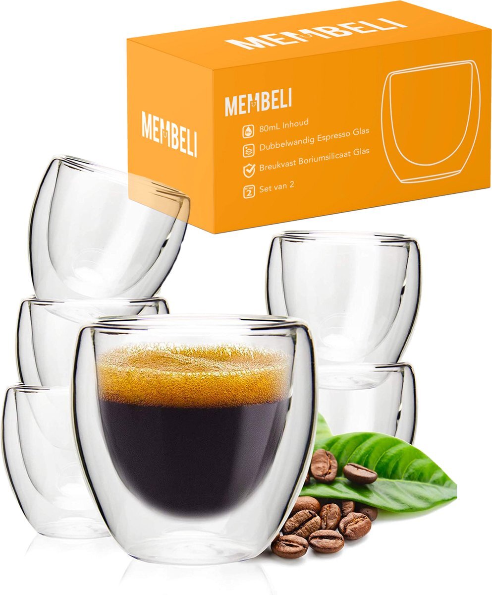 Membeli® Espresso Kopjes Dubbelwandig Glas - Set van 6 - 80 mL - Espresso Glazen - Espressokopjes