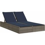 Chaise longue transat bain de soleil double avec coussins gris résine tressée