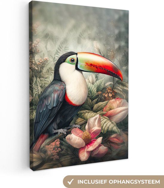 OneMillionCanvasses Canvas schilderij 90x140 cm - Toekan - Vogels - Bloemen - Rechthoekig
