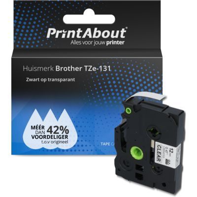 PrintAbout Huismerk Brother TZe-131 Tape Zwart op transparant (12 mm)