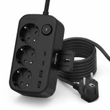 Huslog Stekkerdoos met 3 Schuko-stopcontacten & 4 USB (2× USB-A, 2× USB-C) – stekkerdoos met telefoonhouder, wandmontage & aan/uit-schakelaar, 1,4 m kabel, 3680W, zwart