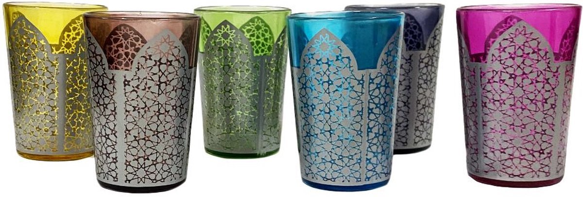 CUILINA Kleurrijke Marokkaanse theeglazen versierd met traditionele zilveren patronen (pak van 6 glazen)