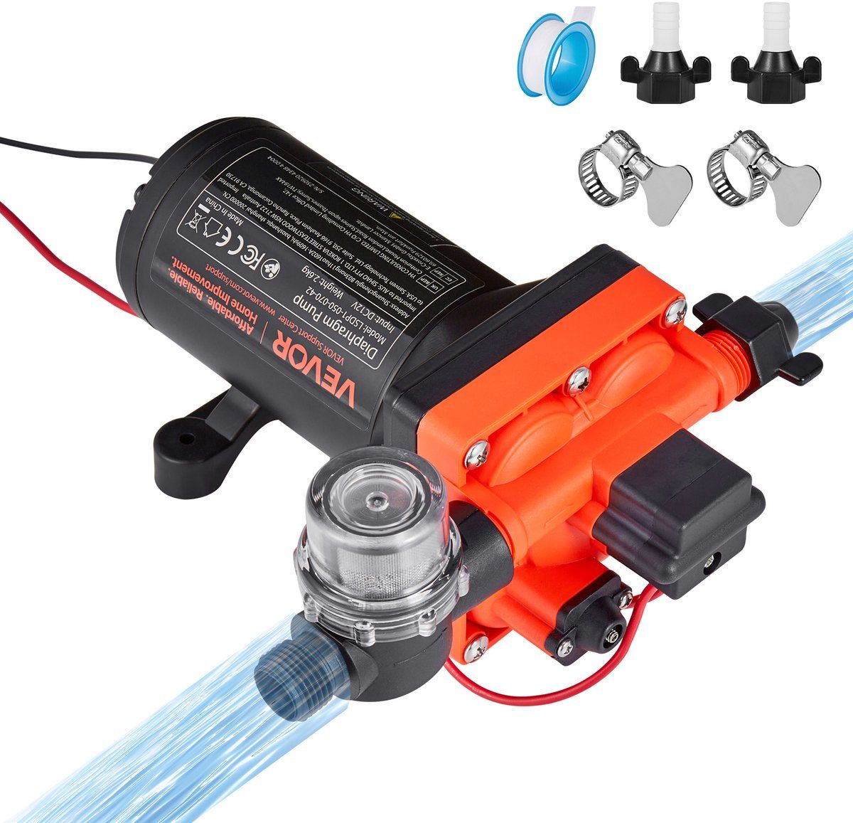 VEVOR Membraanpomp, 12 V DC, 18,9 l/min, zelfaanzuigende 4-kamer membraanwaterpomp met automatische drukschakelaar, 4,8 bar druk, voor camper, caravan, schip, jacht, autowassen