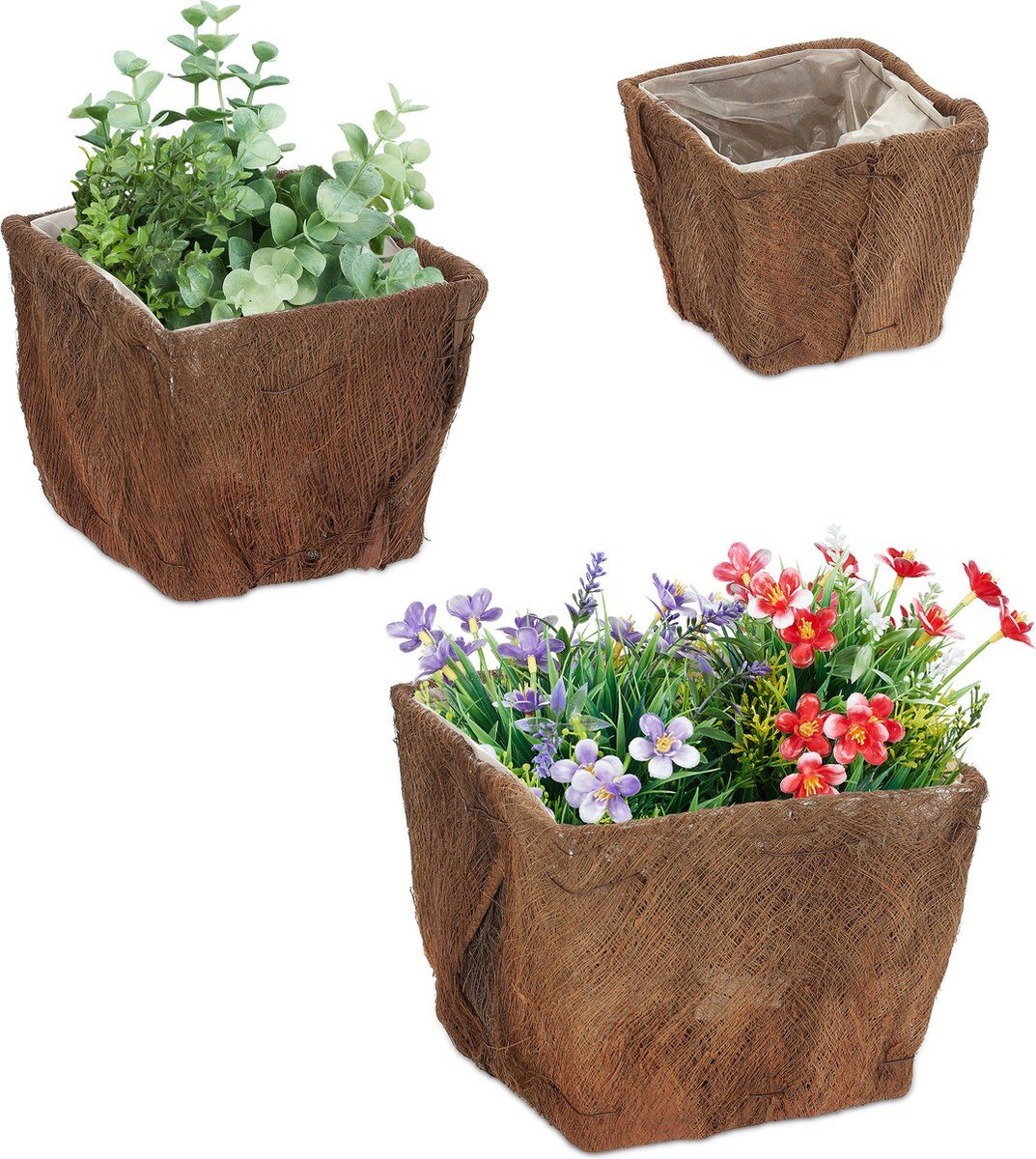 Relaxdays Bloempot Kokosvezels - Plantenpot Set Van 3 - Natuurlijke Plantenbak Vierkant - Bruin
