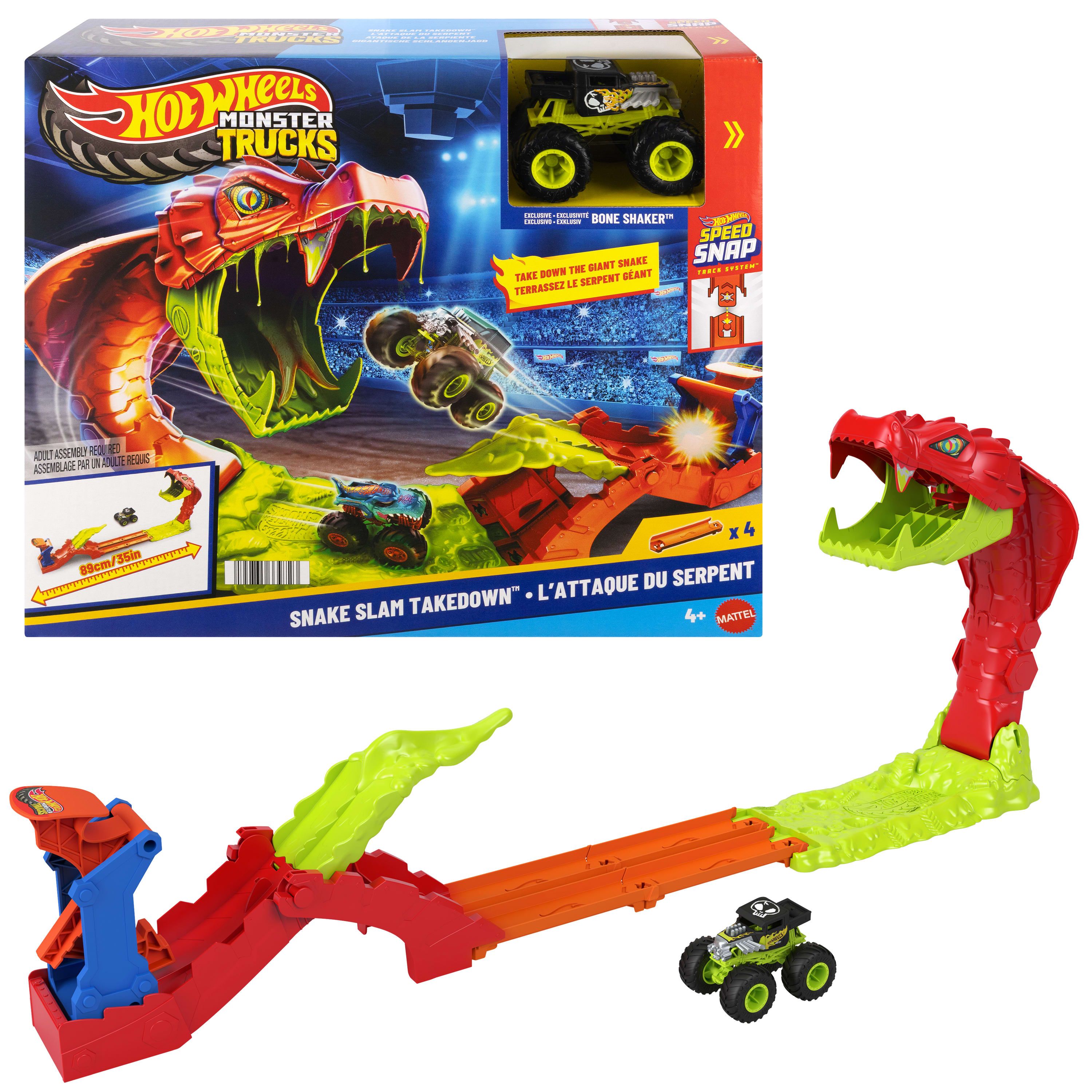 Hot Wheels Monster Trucks Monstertrucks Sla de Slang Knock-Out Speelset met Bottenschudder speelgoedvoertuig op een schaal van 1:64