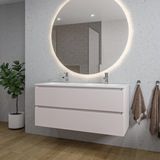 Saniclass Chaci Badkamermeubelset - 120x46x55cm - keramische wastafel wit - 2 wasbakken - 2 kraangaten - 2 lades - ronde spiegel met verlichting - mat cotton (beige)