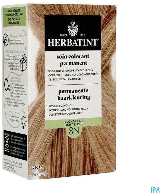 Herbatint Haarverf - Permanente Vegan Haarkleuring - Natuurlijke haarkleuring - 100% grijsdekking - Zonder gebruik van ammoniak - 8N Licht Blond – 170 ml