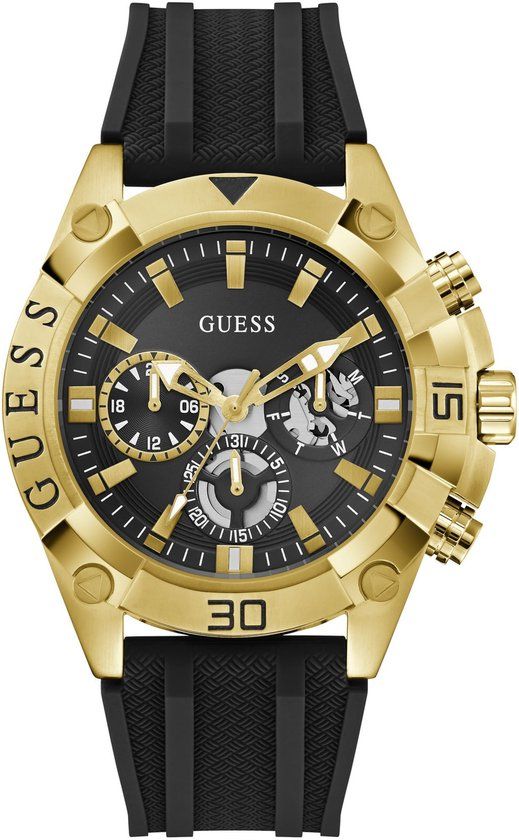 Guess Prospect GW1060G2 Herenhorloge, 46 mm, roestvrij staal, kwarts, analoog polshorloge, siliconen armband, zwart, sporthorloge met datum, lichtgevende wijzer, 5 bar