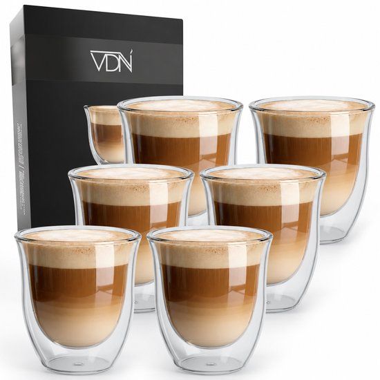 VDN Dubbelwandige theeglazen koffieglazen - Cappuccino glazen - Warme en koude dranken koffietassen dubbelwandig - 250 ML - Set van 6