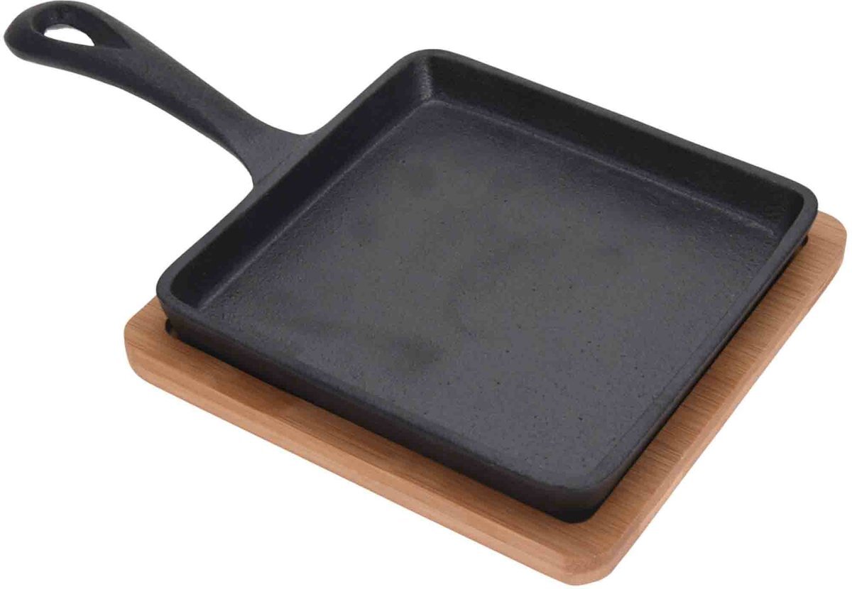 DoaBuy Excellent Houseware Serveerpannetje met plank - gietijzer - bamboe hout - 14 cm