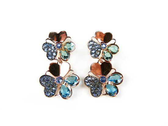 Oorringen Model Double Blossom zilveren oorringen roos goud verguld blauwe zirkonia dames