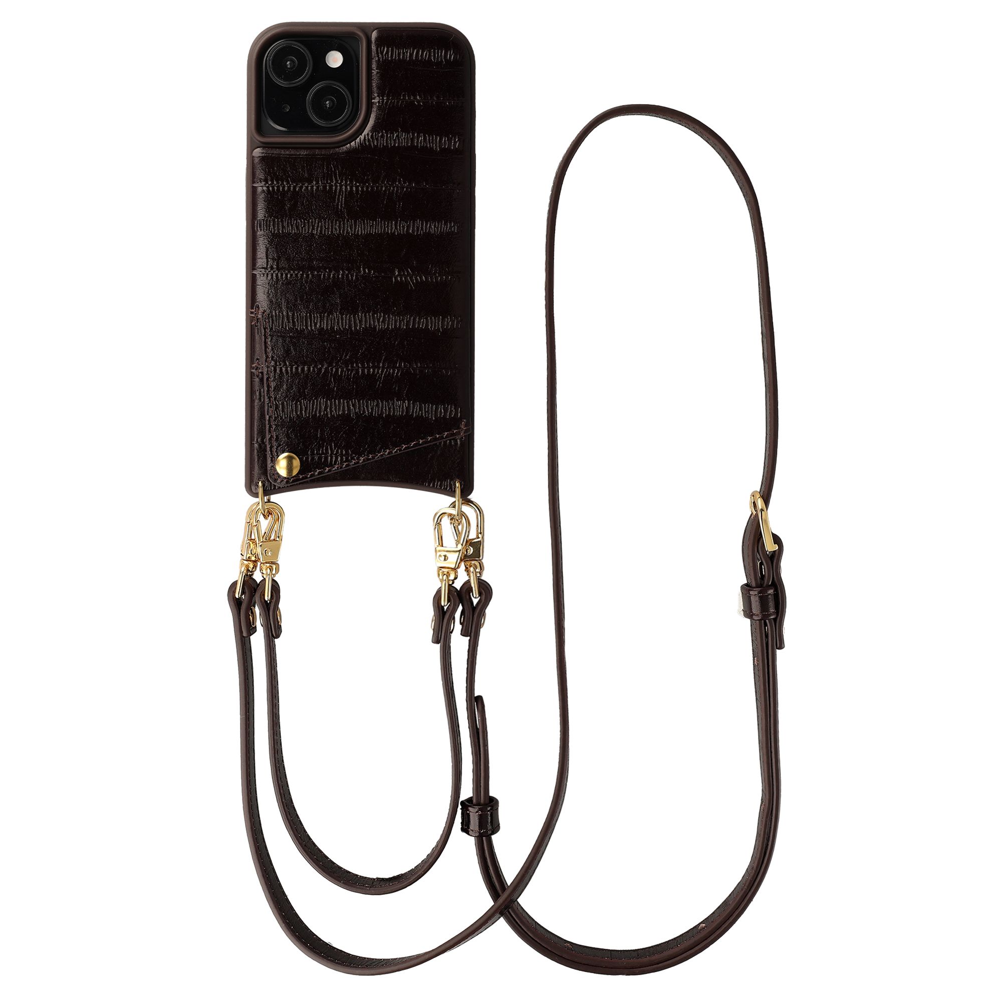 Selencia Nova Real Leather Backcover met Koord en Pashouder Apple iPhone 15 - Dark Chocolate